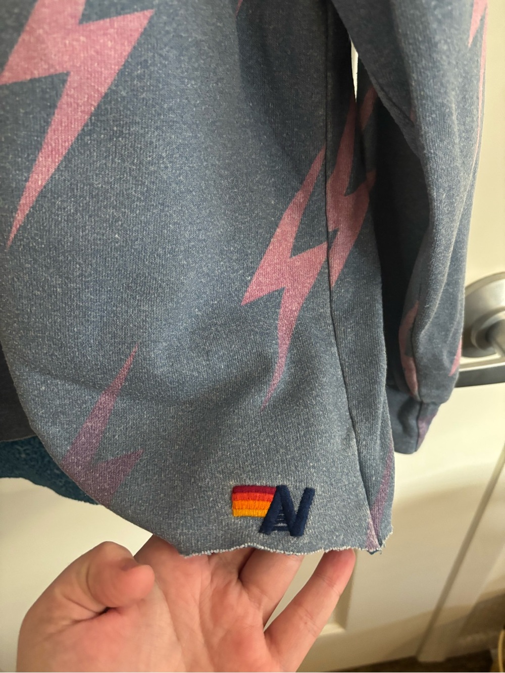 Aviator Nation Blue Sweatshirt with Pink and Purple Lightning Bolts, Raw Hem - Picture 2 of 5